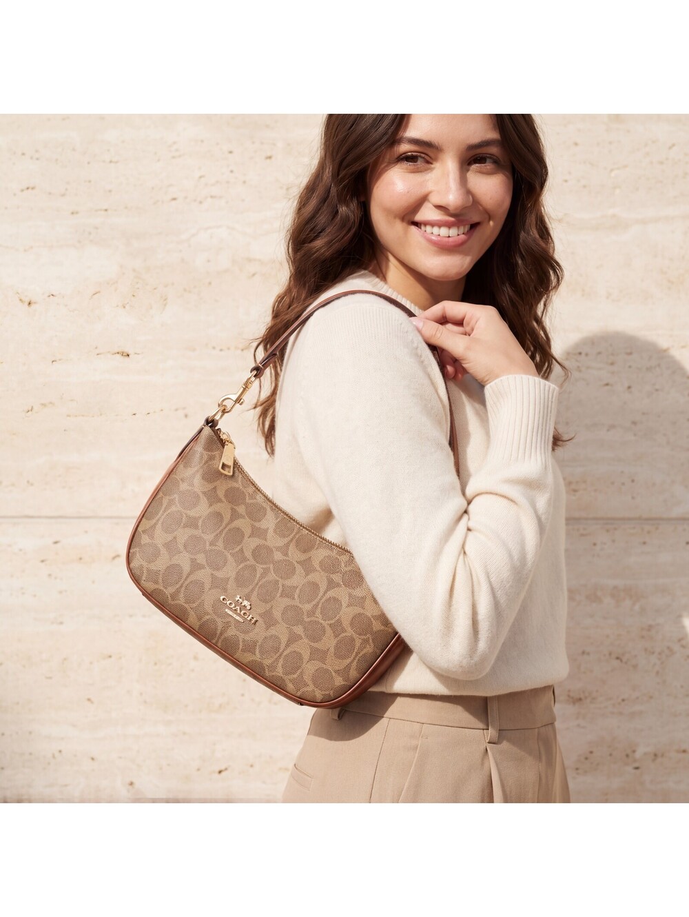 Coach Caitlin Shoulder Bag Signature Canvas Crossbody Khaki Saddle CEK80 NWOT